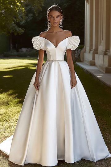 Ivory Satin A Line Off the Shoulder Wedding Dress